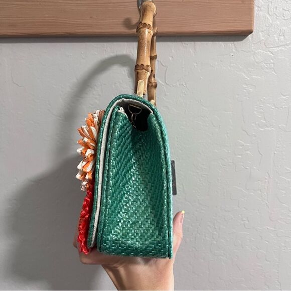 Haute Hippie Straw Flowers Bamboo Handle Satchel Shoulder Crossbody Chain OS - Picture 3 of 9